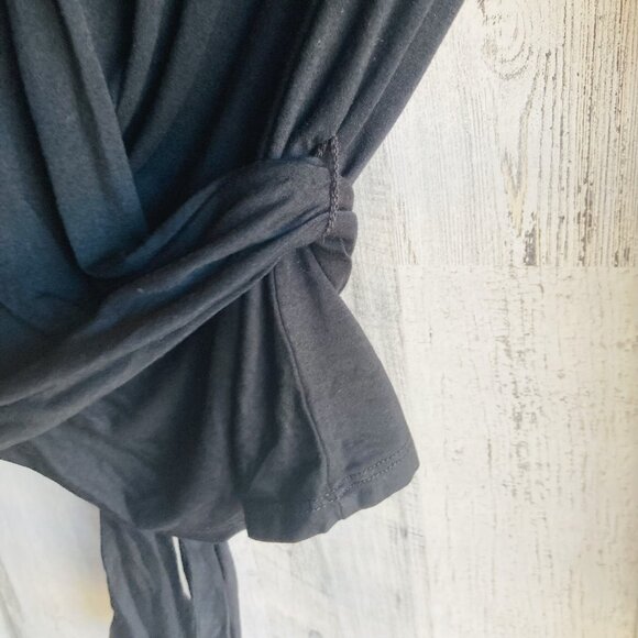 NWOT Three Dots Wrap Knit Top XS Black Tee Long Sleeve Sash Belted Jersey Knit - Picture 4 of 9